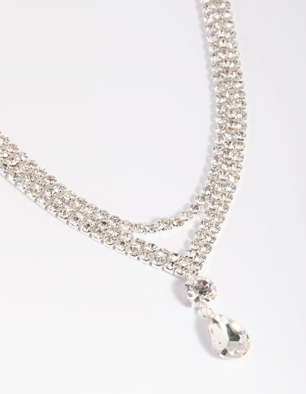 Silver Diamante Teardrop Layered Necklace