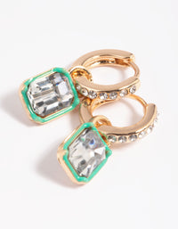 Green Rectangular Diamante Huggie Hoop Earrings - link has visual effect only