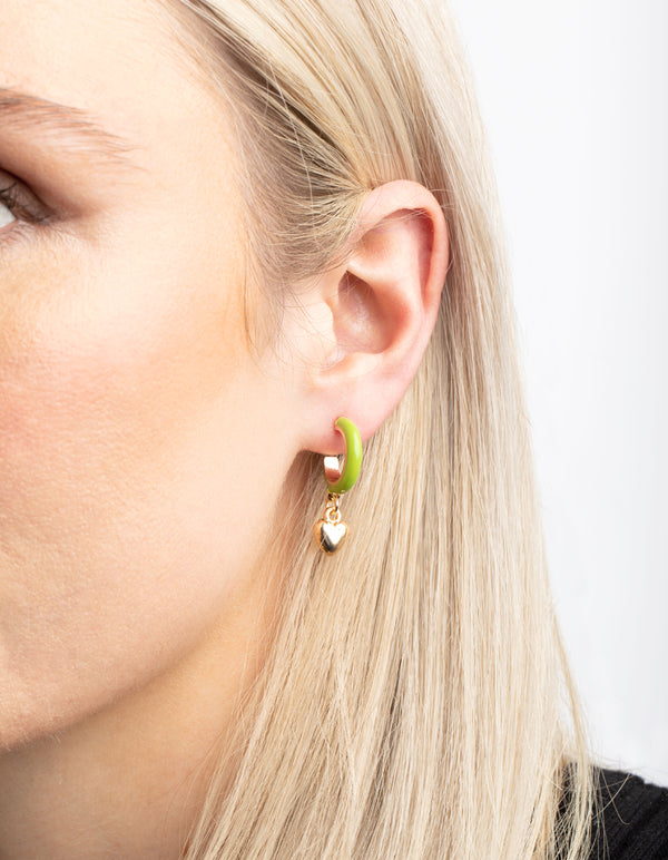 Green Heart Huggie Hoop Earrings