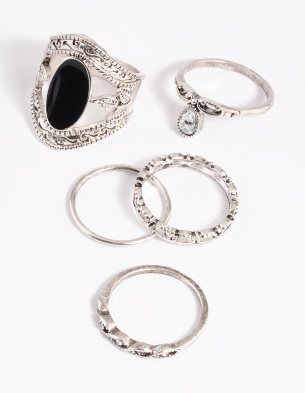 Antique Silver Black Stone Ring Stack Pack
