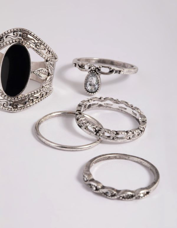 Antique Silver Black Stone Ring Stack Pack