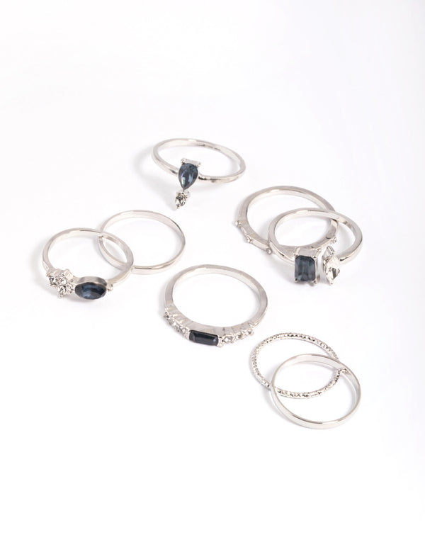 Rhodium Blue Stone Mixed Ring Stack Pack