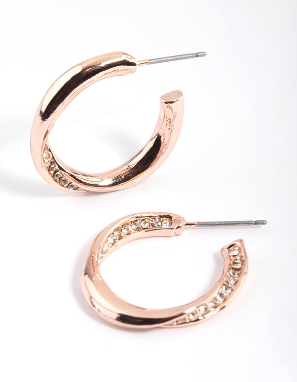 Rose Gold Diamante Twisted Hoop Earrings