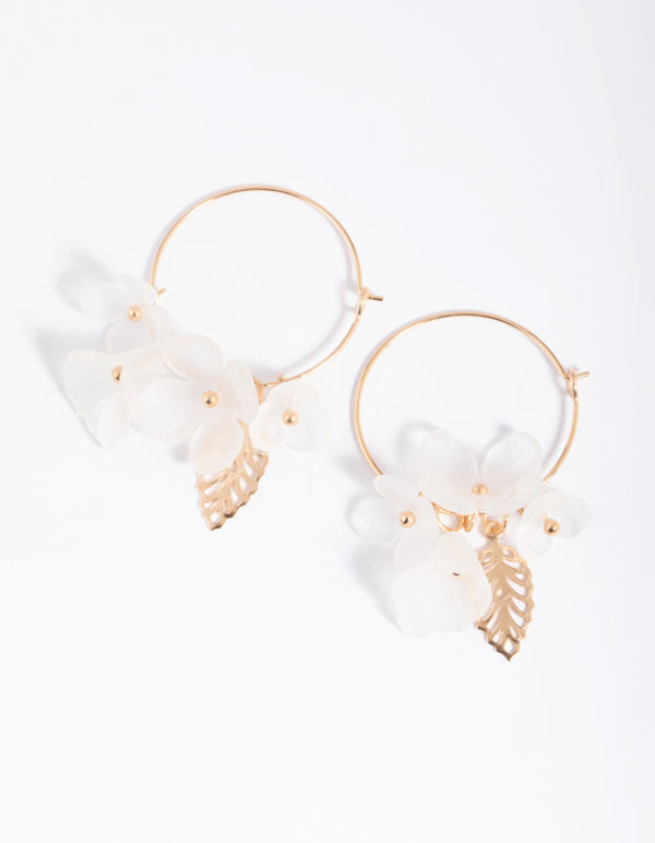 White Frosted Flower & Leaf Hoop Earrings
