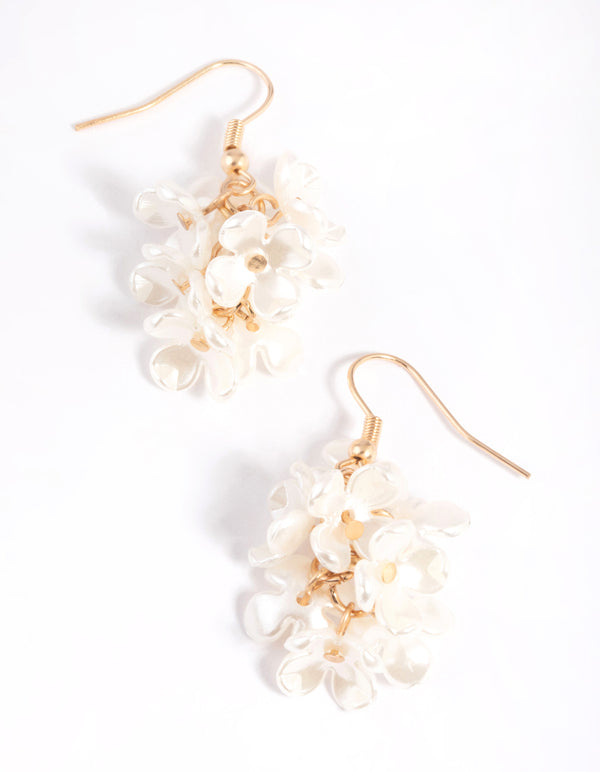White Pearlised Flower Cluster Drop Earrings