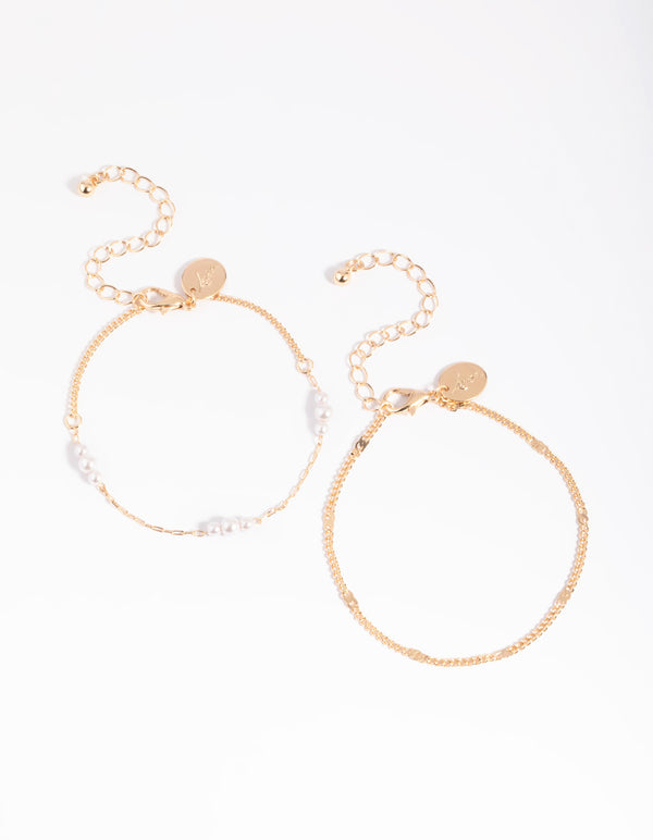 Gold Mini Pearl & Chain Bracelet Set