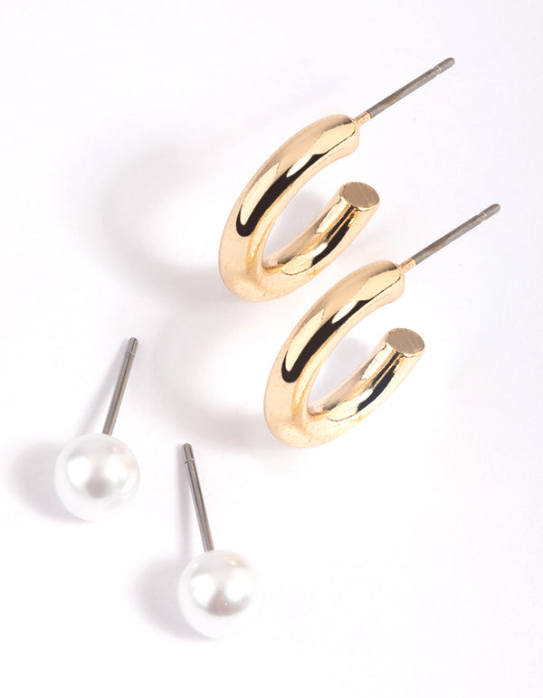Gold Pearl & Plain Hoop Earring Pack