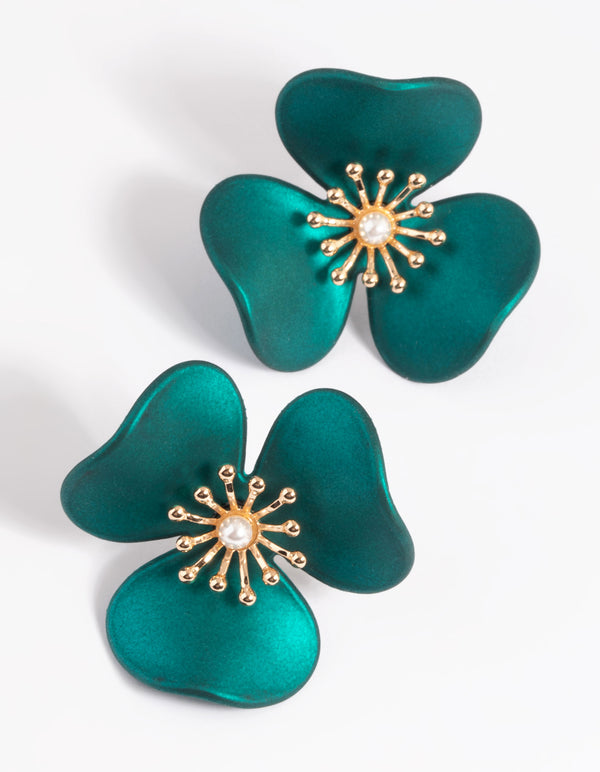 Green Statement Flower Stud Earrings