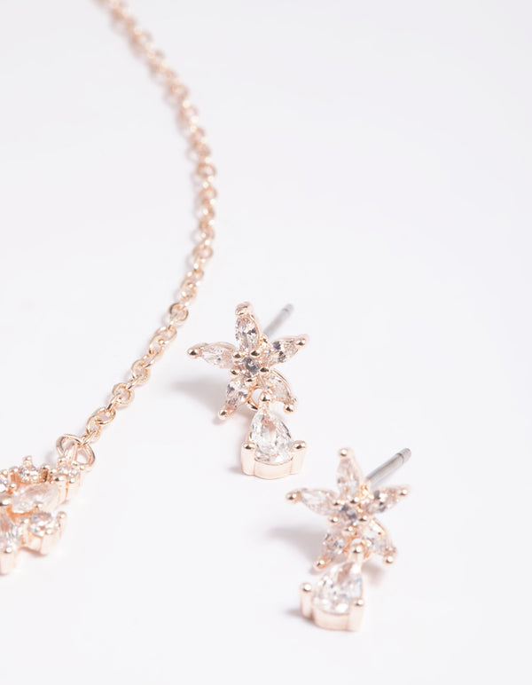 Rose Gold Marquise Flower Necklace & Earrings Set