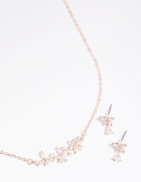 Rose Gold Marquise Flower Necklace & Earrings Set
