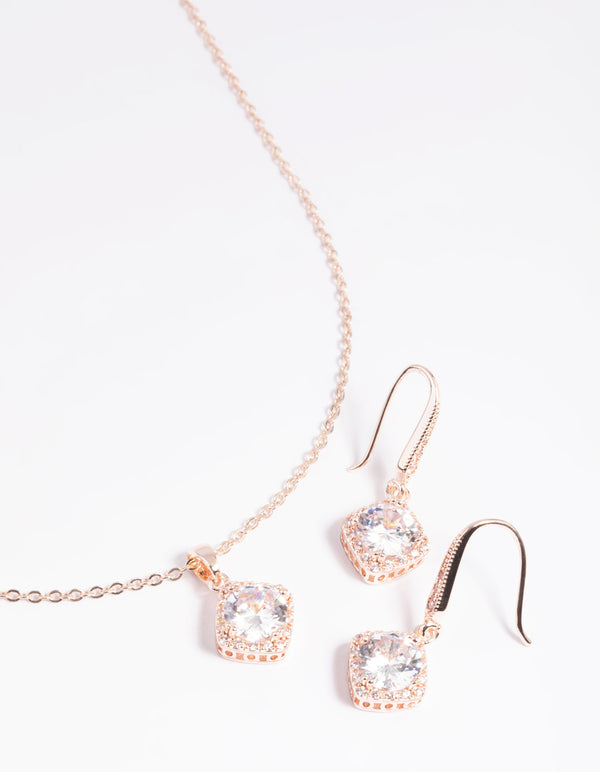 Rose Gold Cubic Zirconia Cushion Necklace & Earrings Set