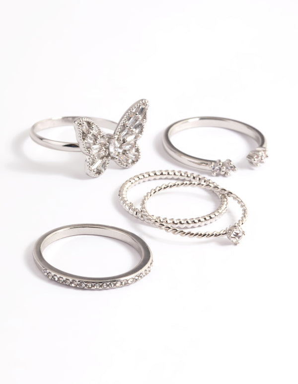 Rhodium Cubic Zirconia Butterfly Ring Stack Pack