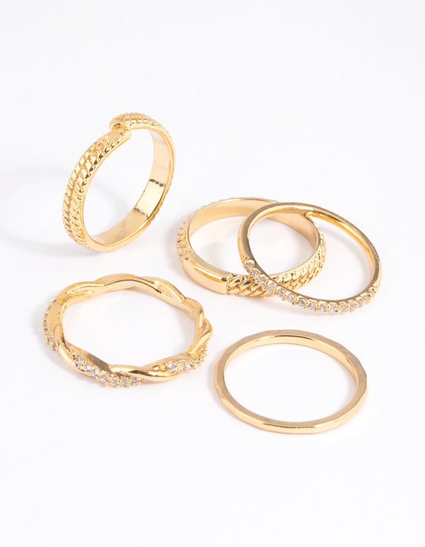 Gold Plated Cubic Zirconia Mixed Ring Stack 5-Pack