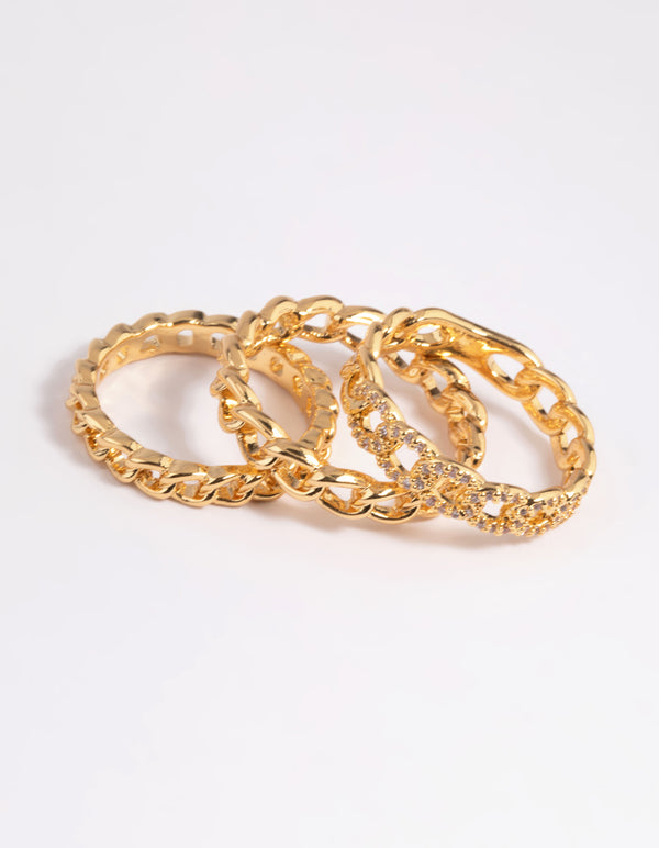 Gold Plated Cubic Zirconia Chain Ring Pack
