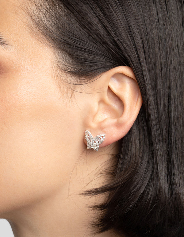 Rhodium Diamond Simulant Small Butterfly Stud Earrings