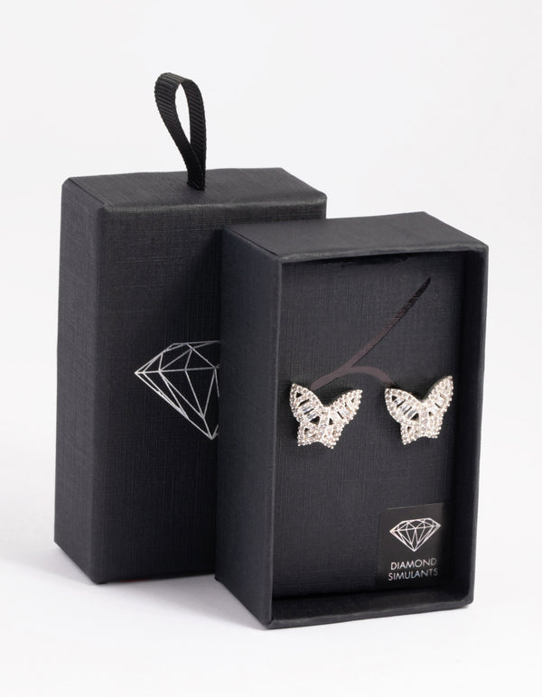 Rhodium Diamond Simulant Small Butterfly Stud Earrings