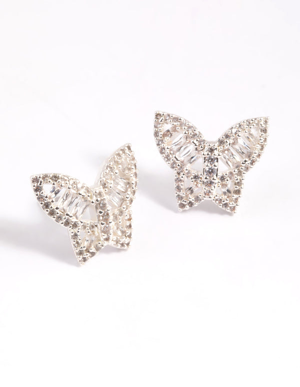 Rhodium Diamond Simulant Small Butterfly Stud Earrings