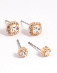 Gold Diamond Simulant Halo Stud Earring Set - link has visual effect only