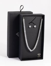 Rhodium Diamond Simulant Square Necklace & Earrings Set - link has visual effect only