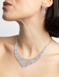 Rhodium Diamond Simulant Waterfall Necklace & Earrings Set - link has visual effect only