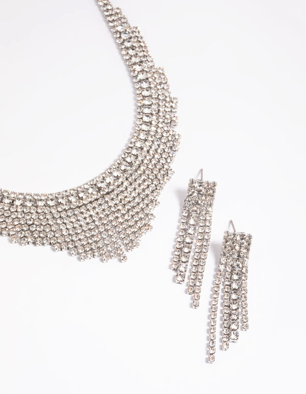 Rhodium Diamond Simulant Waterfall Necklace & Earrings Set