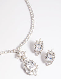 Rhodium Diamond Simulant Vintage Necklace & Earrings Set - link has visual effect only