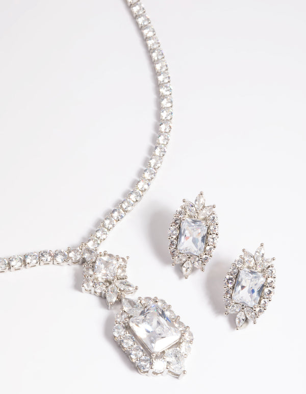 Rhodium Diamond Simulant Vintage Necklace & Earrings Set