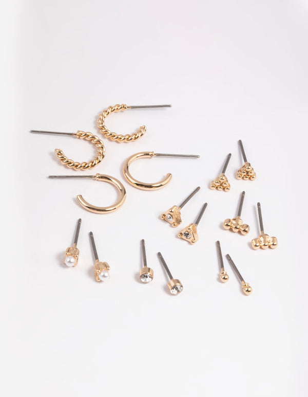 Gold Pearl Stud & Huggie Hoop Earring 8-Pack