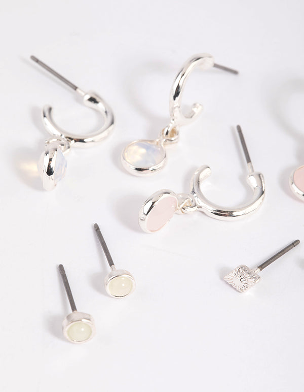Silver Semi-Precious Stone Hoop Earrings