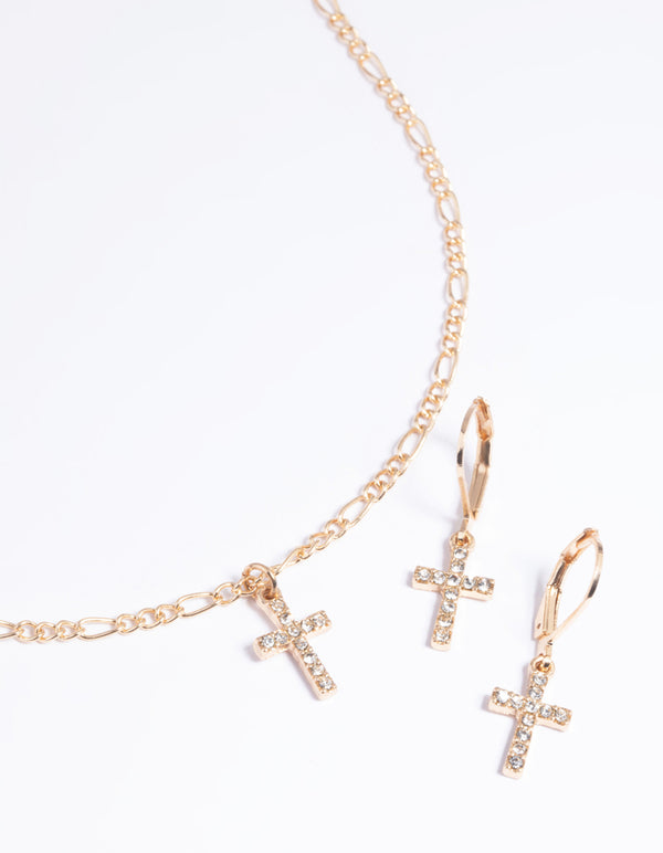 Gold Diamond Cross Earrings & Necklaces Giftbox