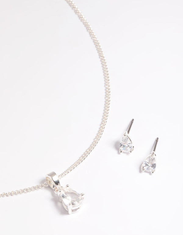 Silver Pear Solitaire Earrings & Necklace Giftbox