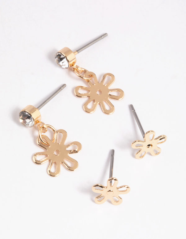 Gold Flower Stud Earring Set
