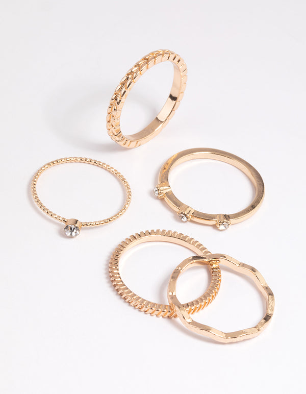 Gold Textured Diamante Ring Stack 5-Pack
