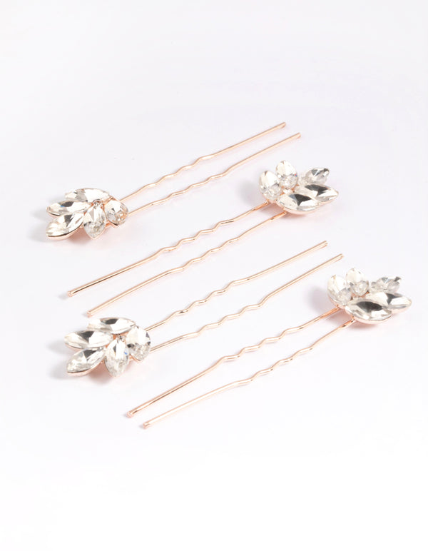 Rose Gold Diamante Navette Hair Pin Pack