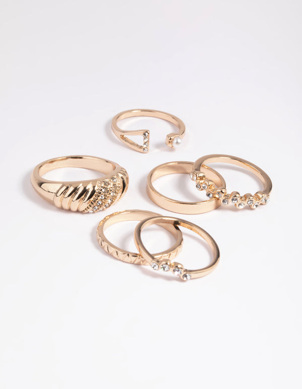Gold Pearl Diamante Ring Stack Pack
