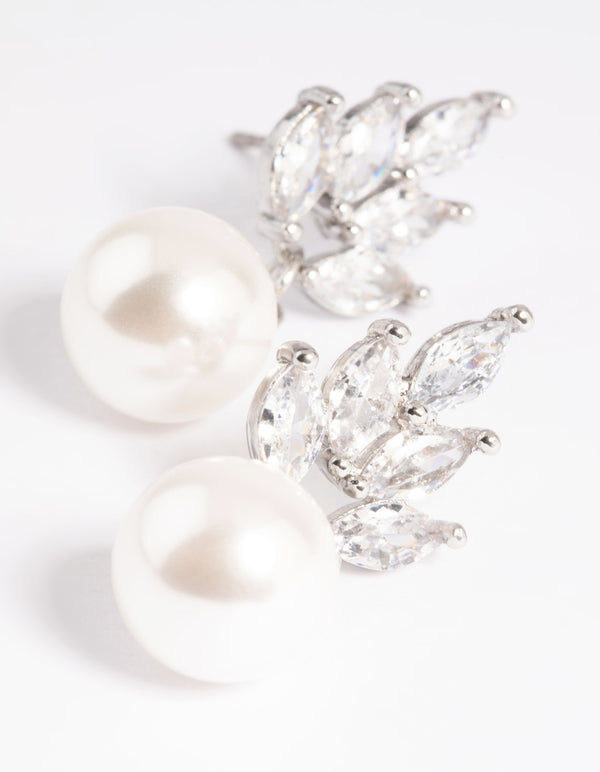 Silver Cubic Zirconia Pearl Leaf Drop Earrings