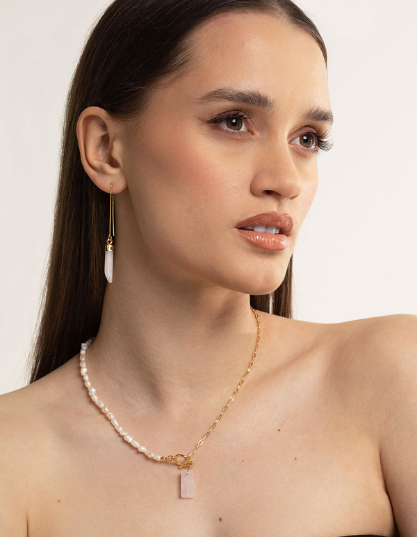 Gold Plated Rose Quartz Thread Through Earrings