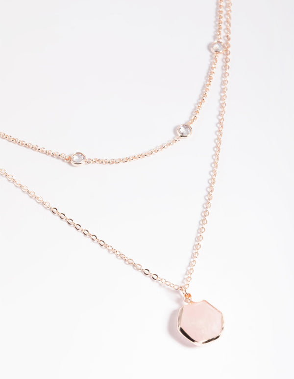 Rose Gold Plated Cubic Zirconia & Quartz Layered Necklace