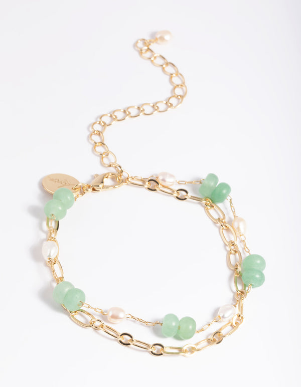 Gold Plated Green Aventurine & Freshwater Pearl Bracelet