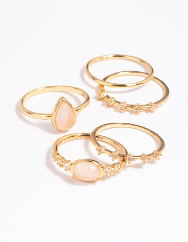 Gold Plated Rose Quartz & Cubic Zirconia Ring Stack Pack