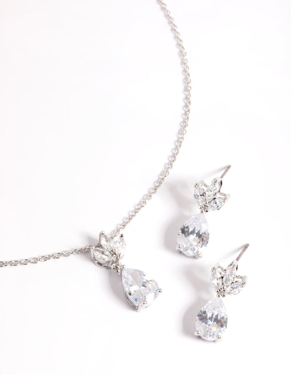 Rhodium Diamond Simulant Marquise Necklace & Earrings Set