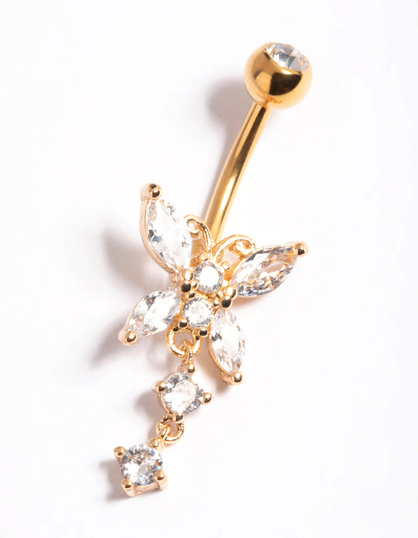 Gold Plated Surgical Steel Crystal Butterfly Belly Bar