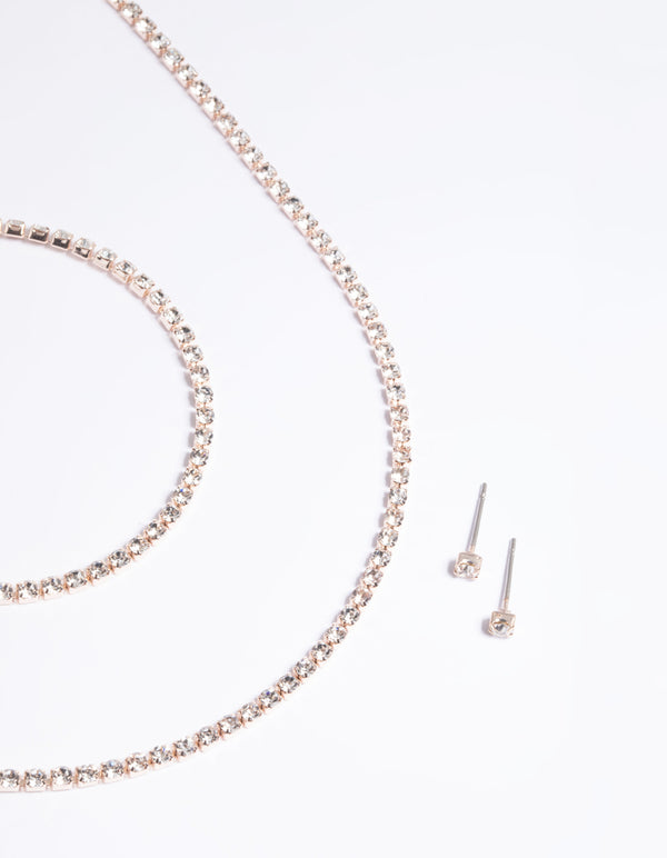 Rose Gold Diamante Necklace Bracelet & Earrings Set