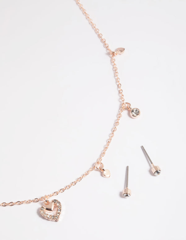 Rose Gold Heart Droplet Necklace & Earrings Set