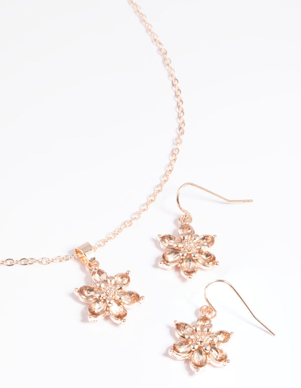 Pink Diamante Flower Necklace & Earrings Set