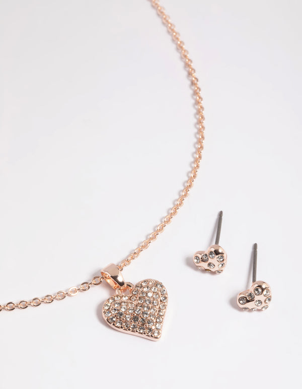 Rose Gold Pave Heart Necklace & Earrings Set