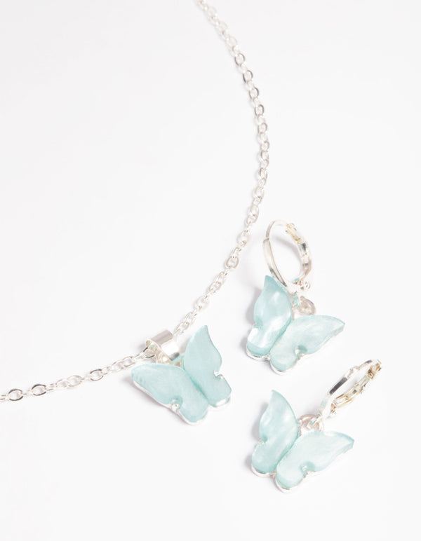 Blue Butterfly Necklace & Earrings Set