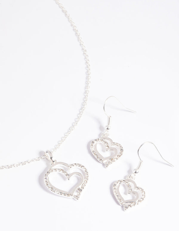 Silver Diamante Heart Necklace & Earrings Set
