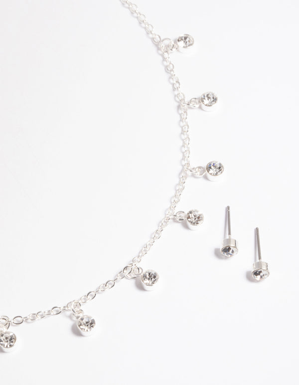 Silver Diamante Droplets Necklace & Earrings Set