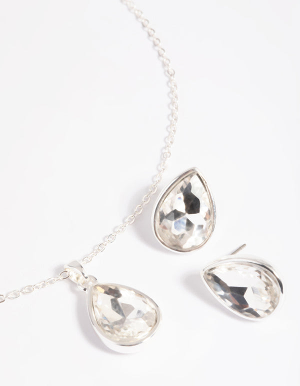 Silver Diamante Pear Necklace & Earrings Set